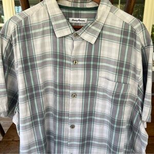 Tommy Bahama 100% Silk Shirt Mens Button Down Green Gray Plaid Short Sleeve XXXL